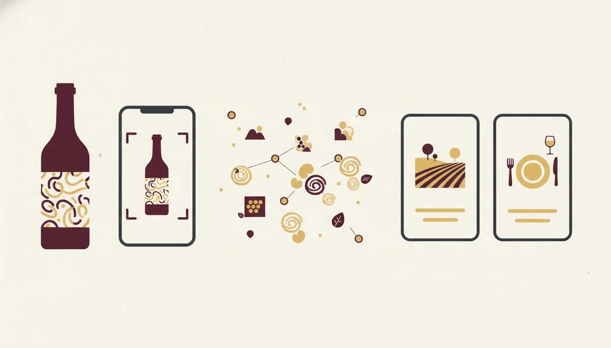 A simple visual workflow shows a wine label scan becoming bottle details, tasting notes, and pairing ideas.