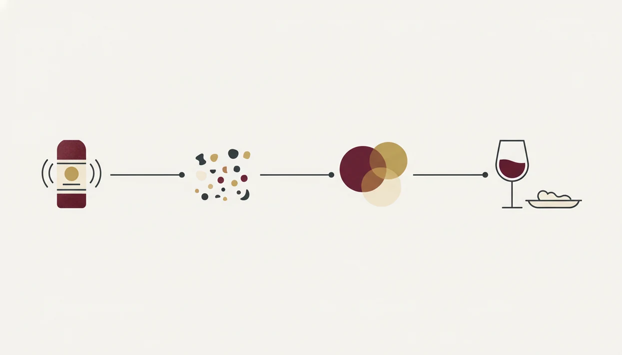 A simple diagram shows label scanning, data patterns, flavor cues, and a wine pairing recommendation.