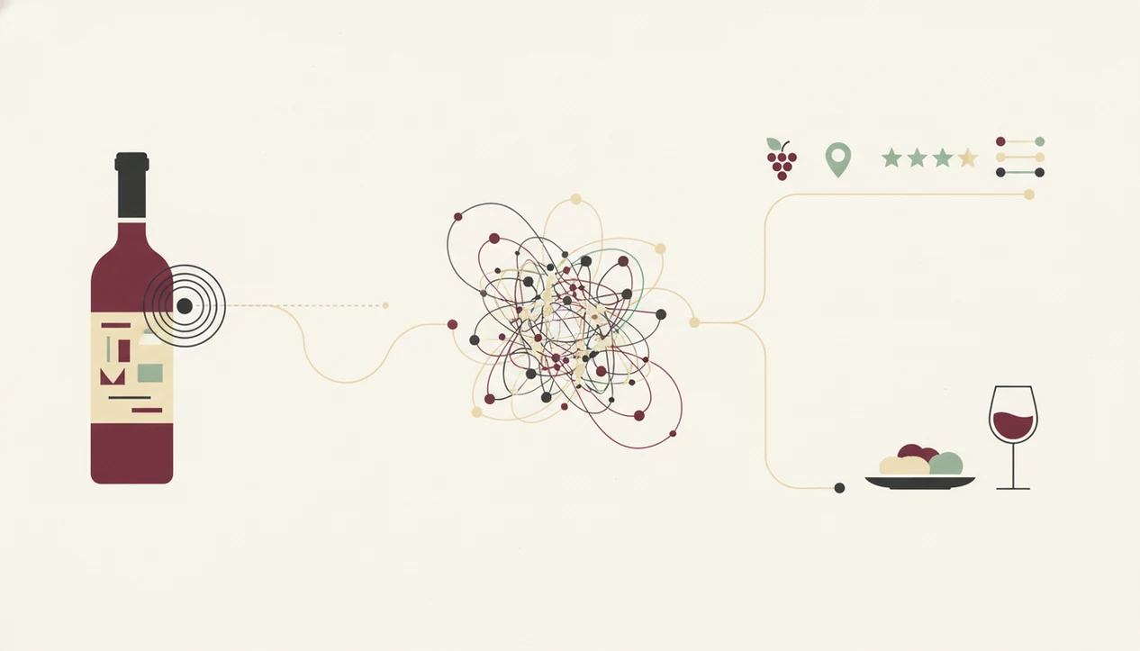 A clean diagram shows label scanning flowing into wine data, taste profile, and food pairing suggestions.