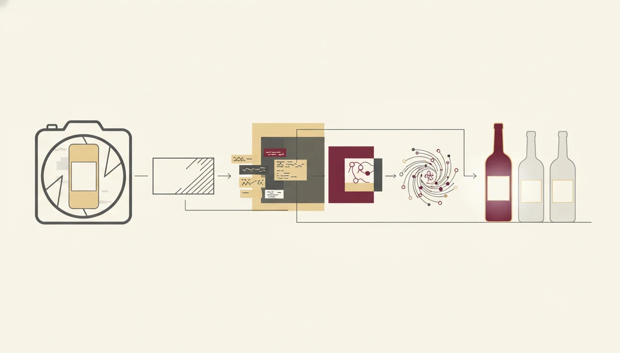 An abstract diagram shows a wine label photo being processed and matched to possible bottles.