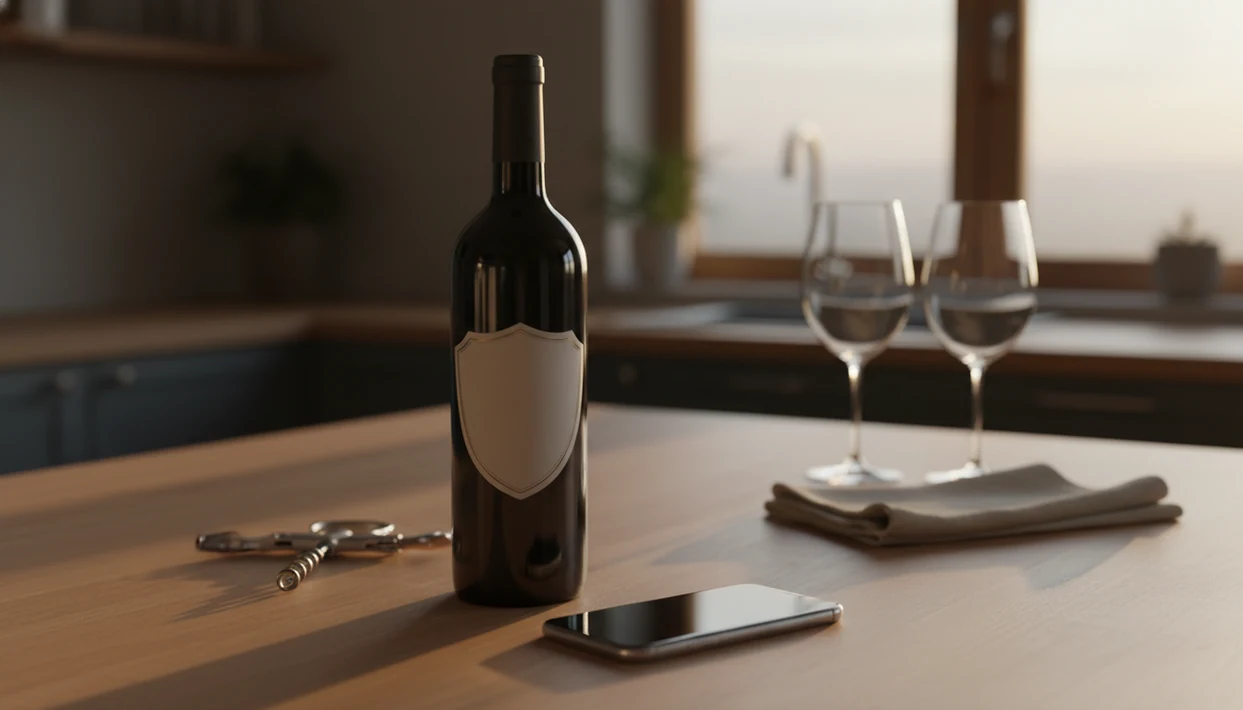 A smartphone and wine bottle on a kitchen counter suggest identifying a wine from its label photo.