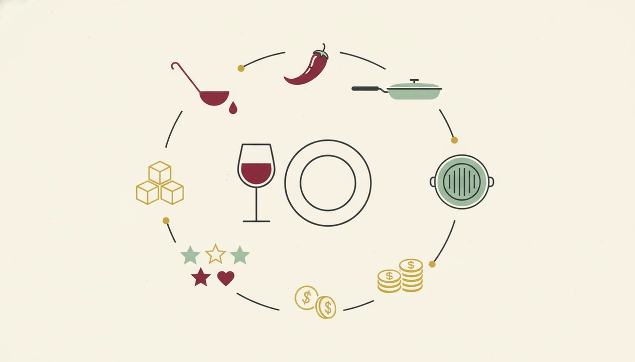 An illustrated diagram shows sauce, spice, cooking, sweetness, budget, and taste guiding a wine match.