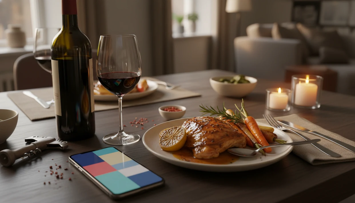 A dinner plate, wine bottle, glass, and phone sit together on a warmly lit table ready for pairing.