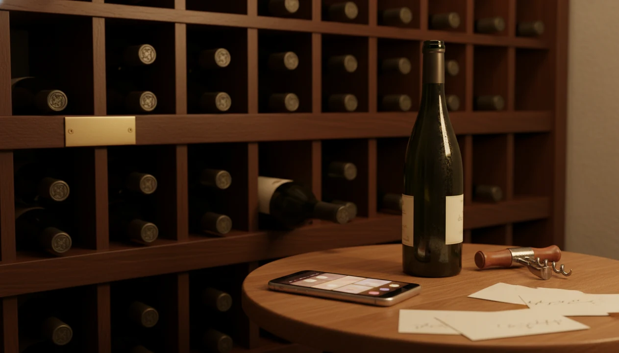 A smartphone and wine bottle sit beside organized cellar racks, suggesting digital bottle tracking.