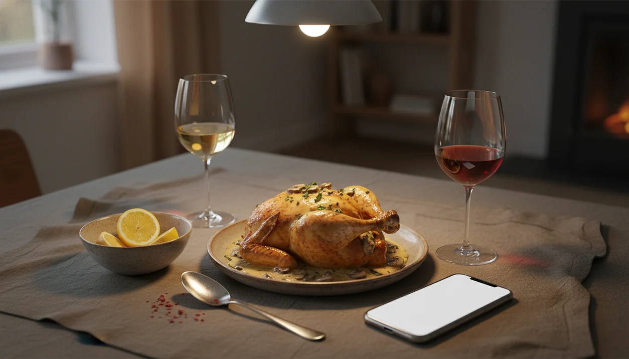 A dinner table with chicken, sauces, wine glasses, and a blank phone suggesting AI pairing help.