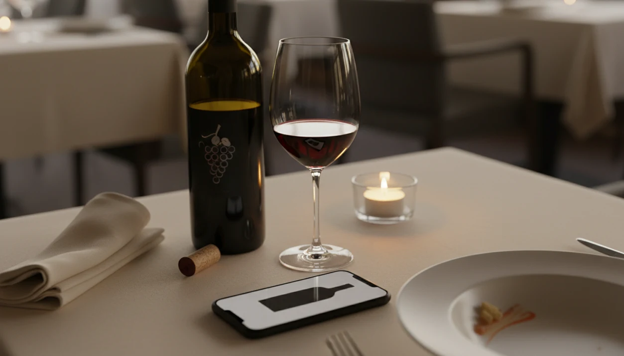 A phone, wine glass, cork, and bottle on a dinner table suggest saving a favorite wine after a meal.