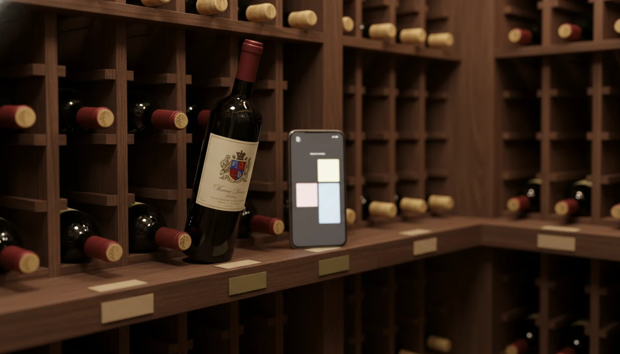 A smartphone sits beside organized wine bottles in a warm home cellar, suggesting digital bottle tracking.