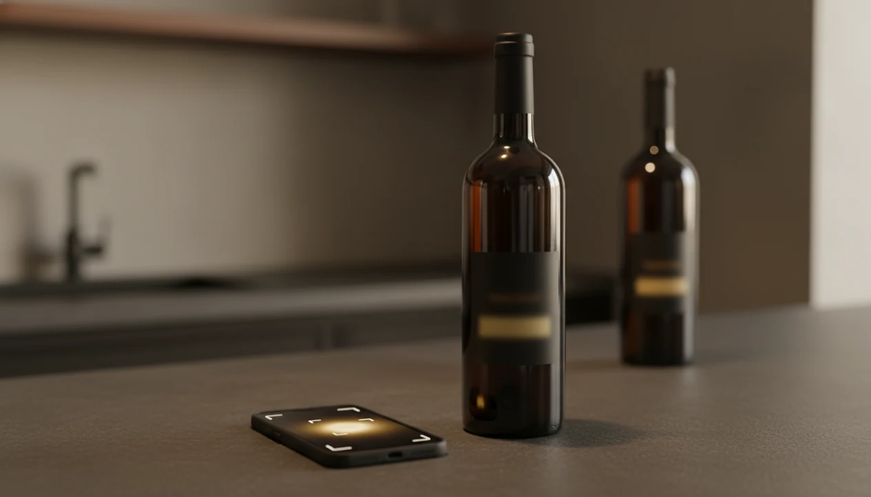 A smartphone scans a wine bottle on a counter while similar bottles blur in the background.