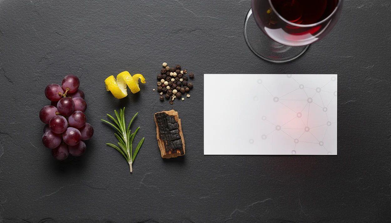 Flavor clues sit beside abstract network lines to show how AI interprets wine preferences.