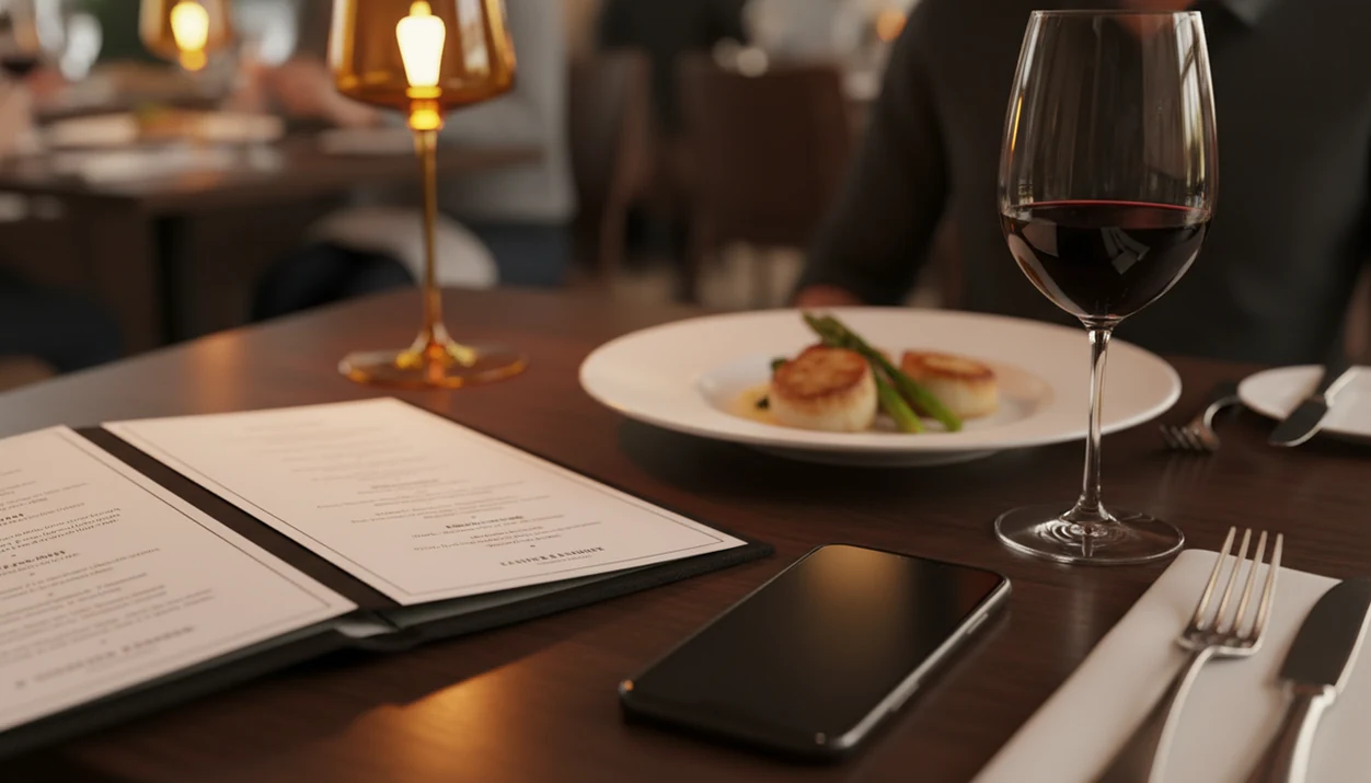 A smartphone, wine glass, menu, and dinner plate sit on a warmly lit restaurant table.