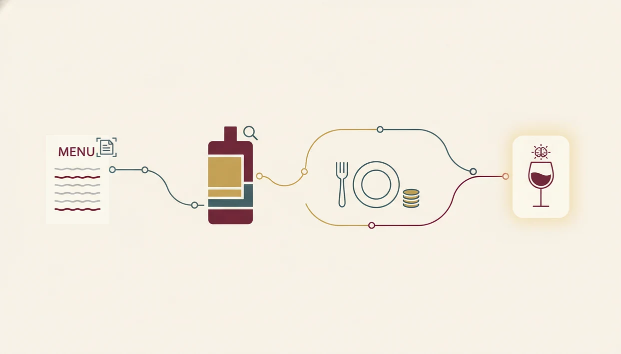 A simple diagram shows menu, bottle, dish, and wine recommendation elements connected by lines.