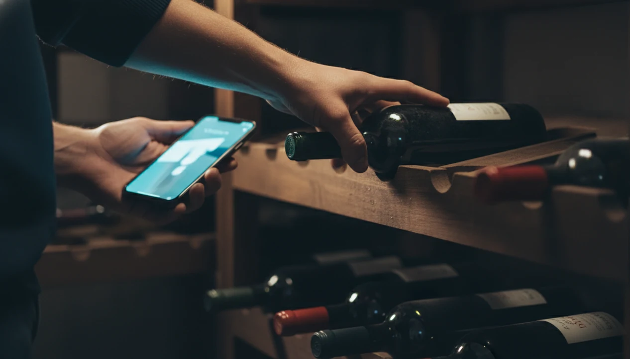 Hands remove a bottle from a wooden cellar rack while a phone nearby suggests updating inventory.
