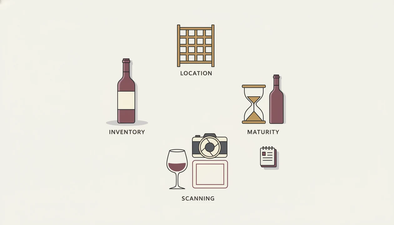 A clean diagram shows five cellar app functions through bottles, racks, scanning, aging, and notes.