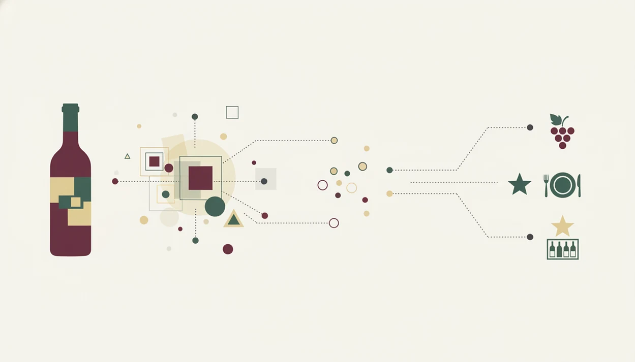 An abstract diagram shows label recognition flowing into wine data, ratings, pairings, and cellar cues.