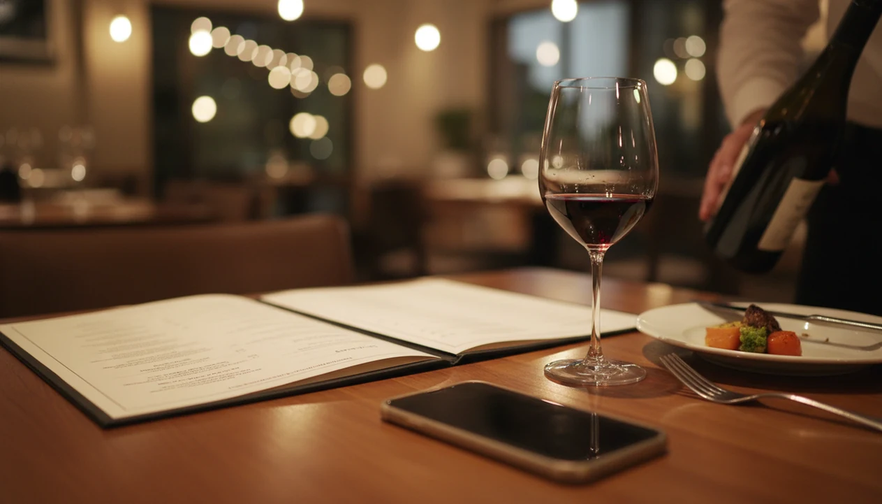 A restaurant table shows a blurred menu, wine glass, phone, and bottle during a dinner choice.