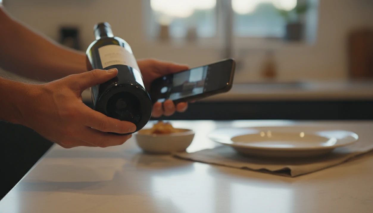 A shopper scans an unreadable wine label near a dinner setting to check bottle context and value.