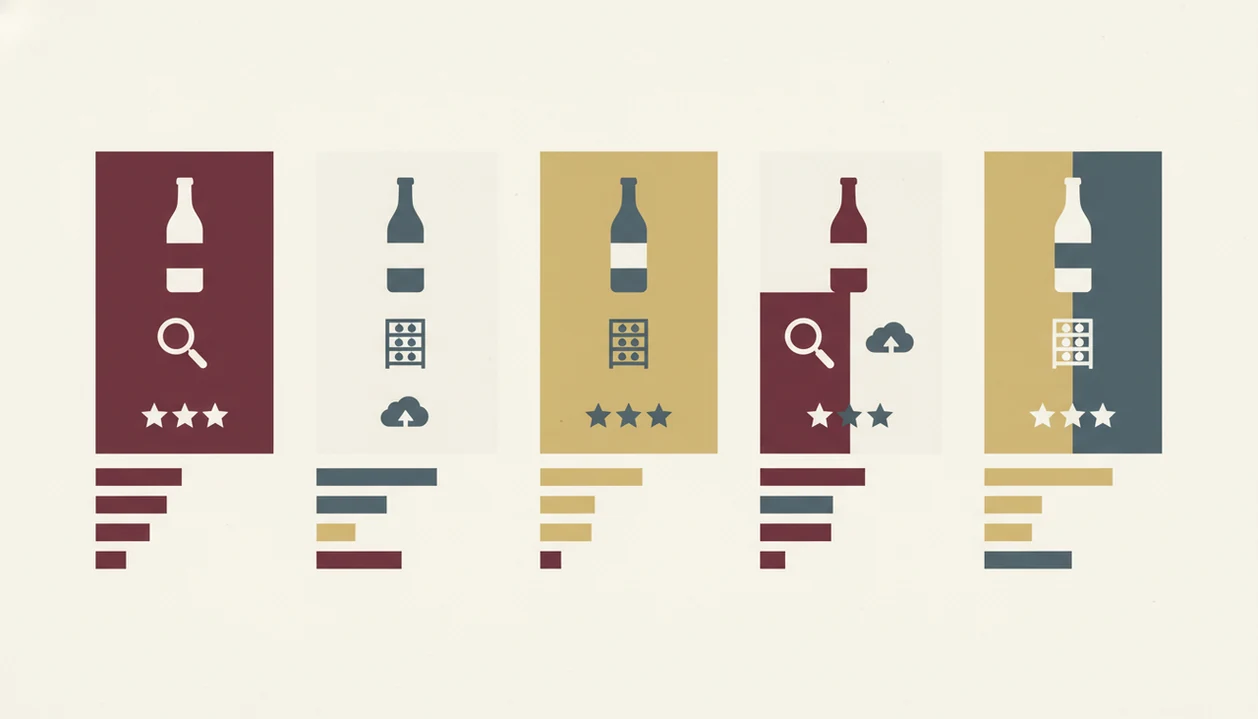 An abstract feature comparison grid uses wine and app icons to compare tasting note apps.