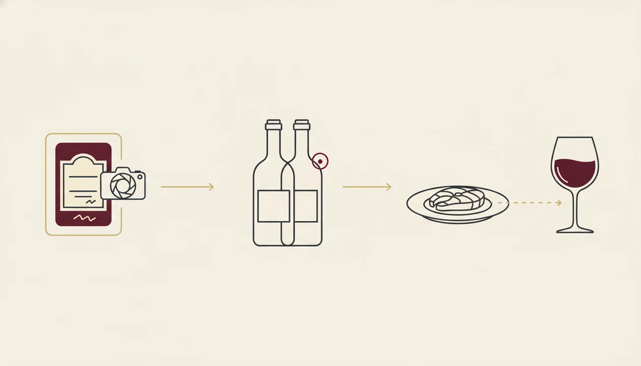 A simple diagram shows a smudged wine label scan leading to a confused bottle match and poor pairing.