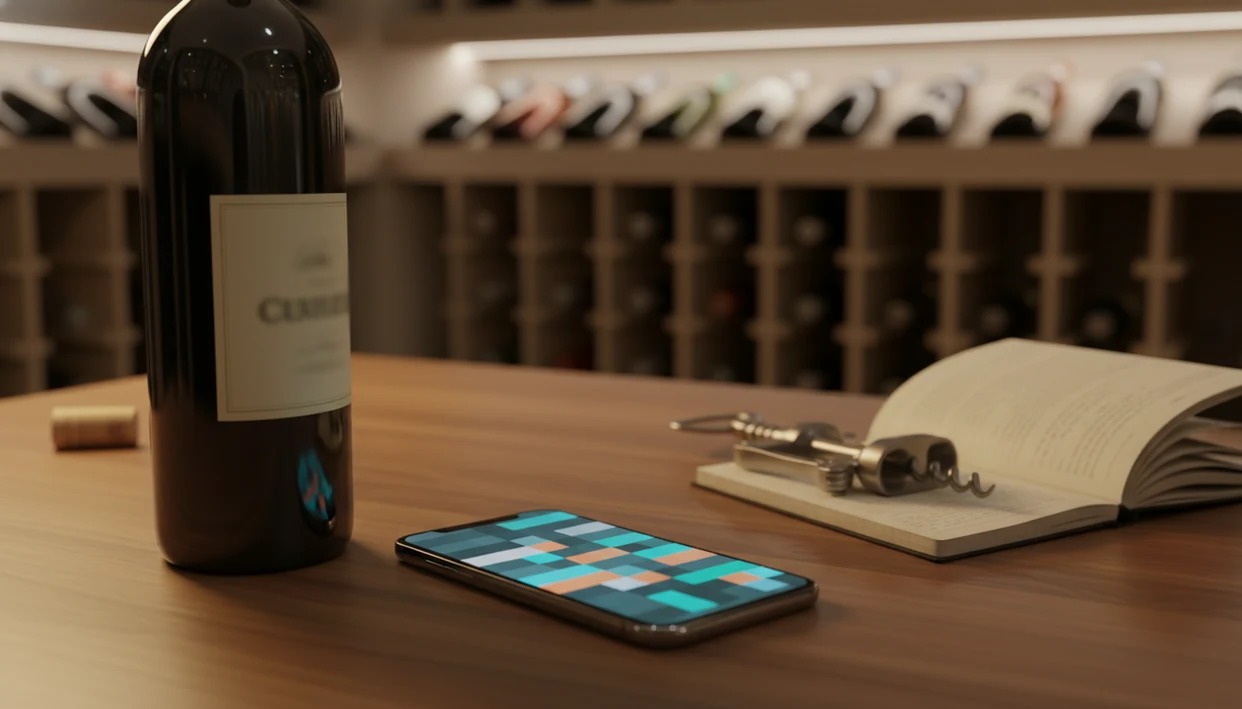 A wine bottle, smartphone, notebook, and corkscrew sit on a cellar table under warm light.