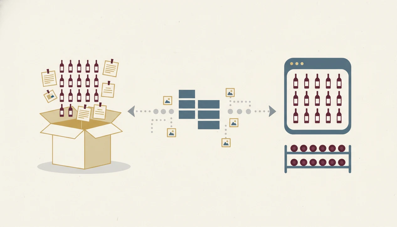 An illustrated flow shows wine bottle records moving from an archive box into a modern cellar app.