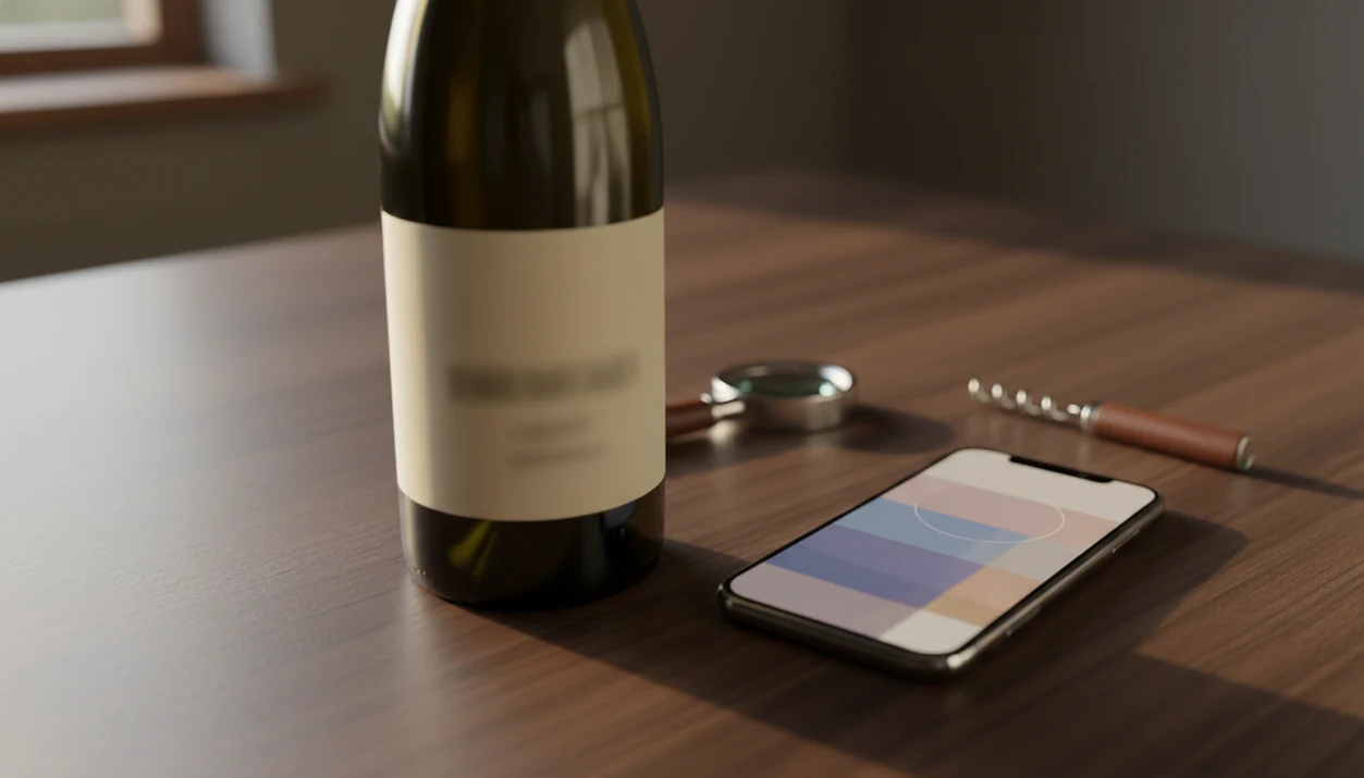 A smartphone scans an unreadable wine label beside a loupe on a dark wooden table.