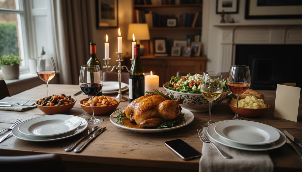 A dinner table with food, wine glasses, bottles, and a phone ready for planning pairings.