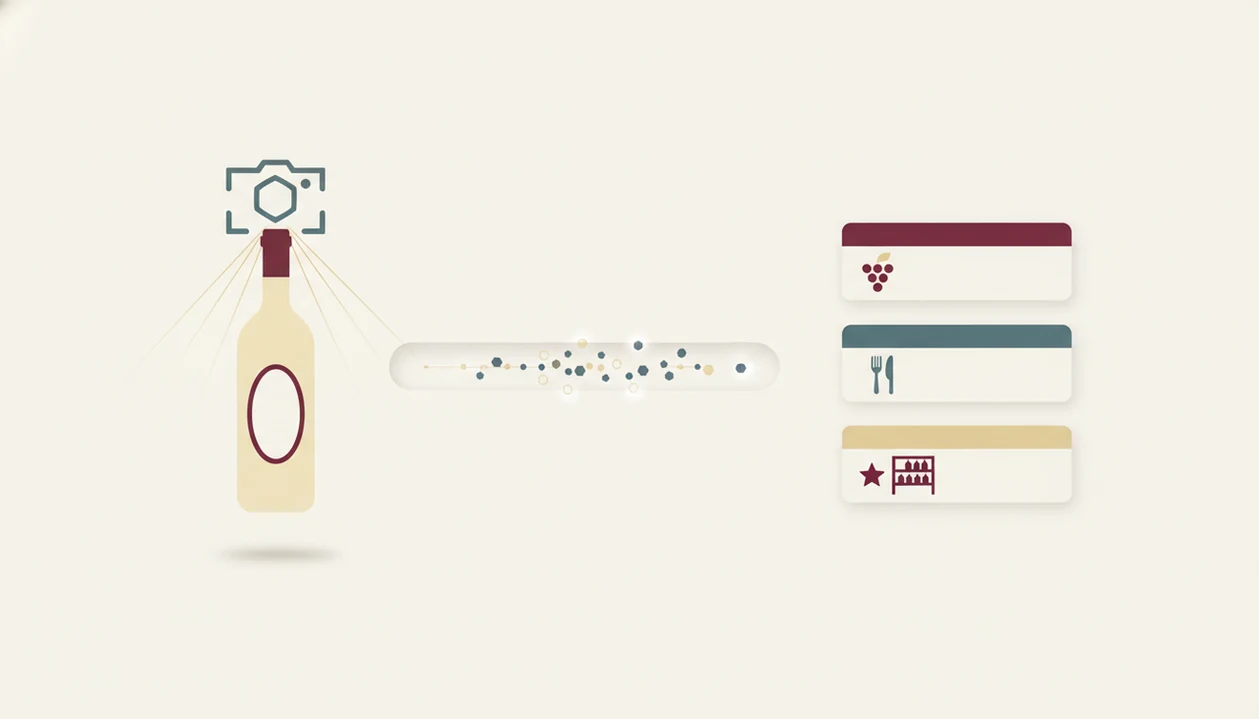 A clean diagram shows a wine bottle scan becoming data signals and app-style wine recommendations.