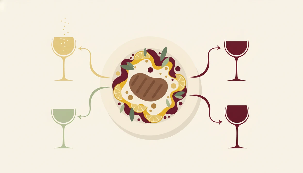 An illustrated pairing map connects sauce and flavor elements on a plate to different wine glass styles.