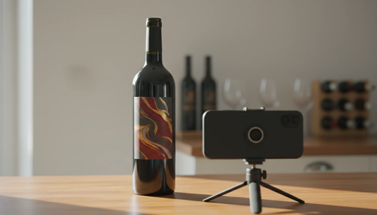 A smartphone is positioned to photograph a wine bottle label straight on in soft natural light.