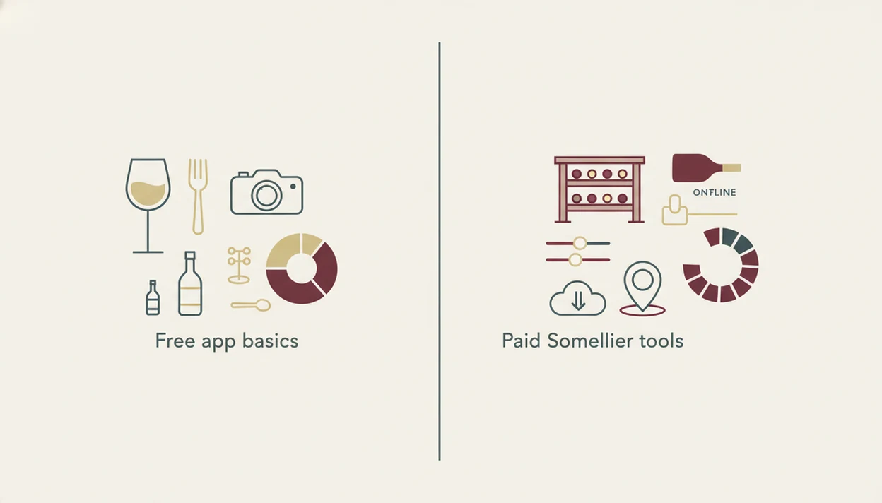 A split illustration contrasts basic free pairing features with richer paid wine app tools.