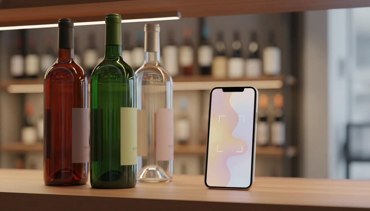A smartphone scans several wine bottles on a shop shelf with labels and app details blurred.