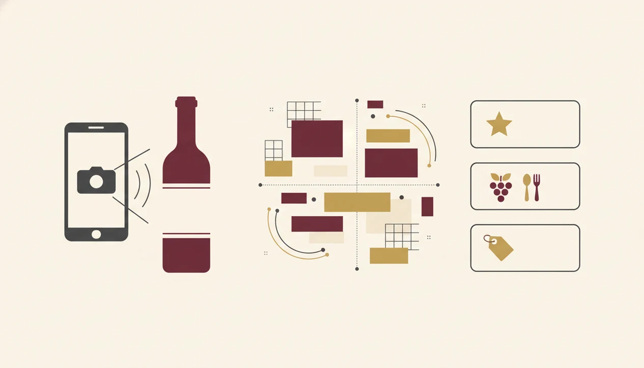 An illustrated flow shows a phone scan turning a blank wine label into matched app results.