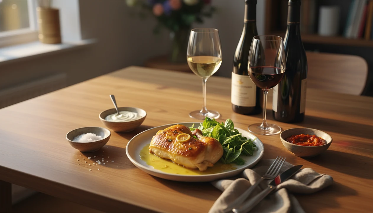 A dinner table with chicken, sauces, salt, greens, and two wines showing pairing elements in a meal.