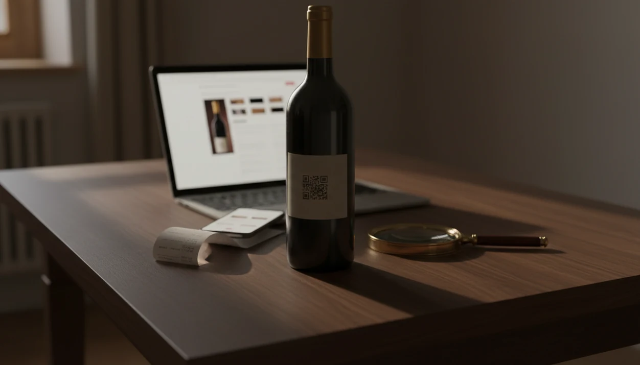 A wine bottle, phone, laptop, receipt, and magnifying glass arranged for checking a retailer before buying.