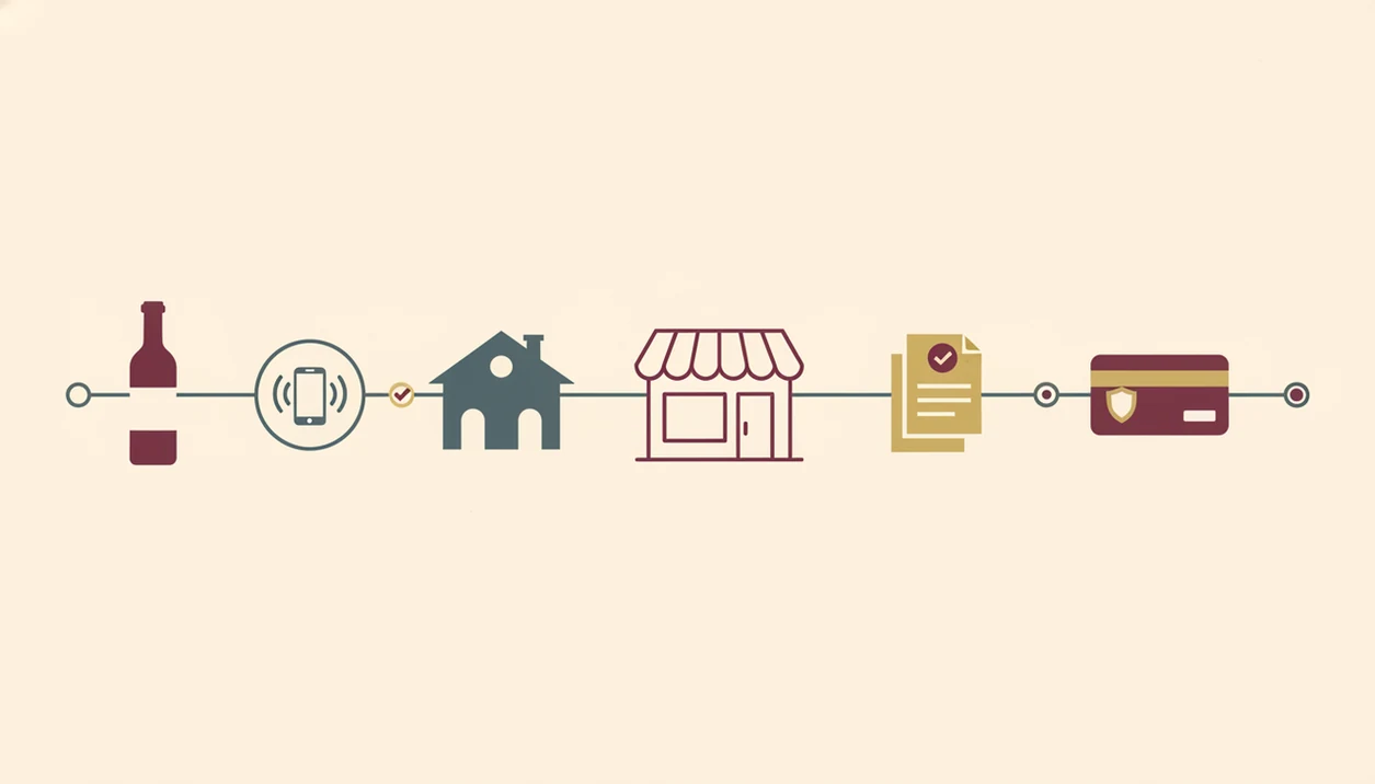 An illustrated verification path connects a scanned wine bottle to winery records, retailer checks, and payment safety.