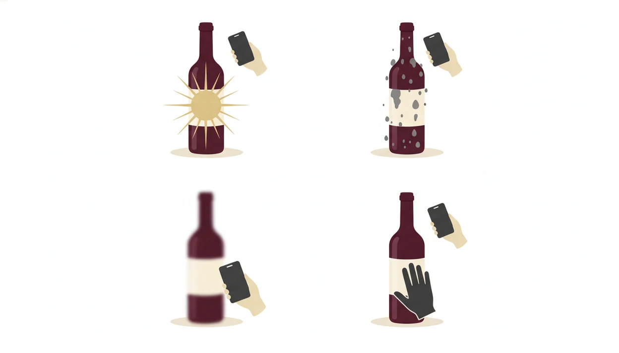 An illustration shows glare, condensation, blur, and fingers blocking a wine label scan.