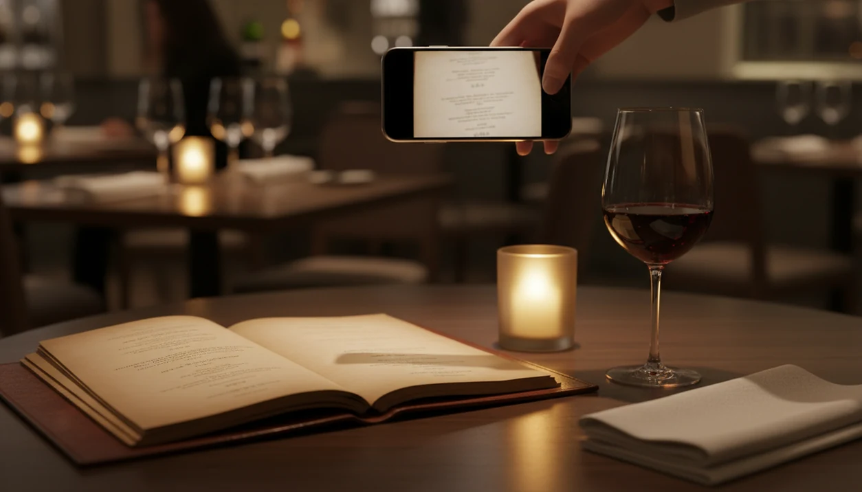 A diner discreetly scans an open wine menu with a phone at a warmly lit restaurant table.