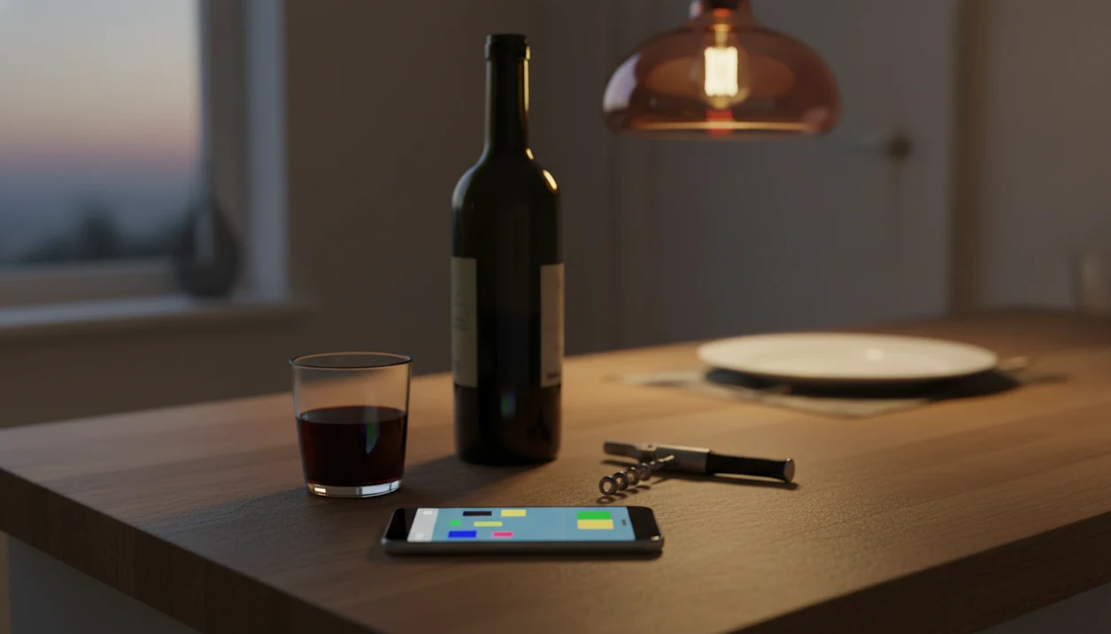 A phone, wine bottle, glass, and dinner setting suggest using AI to identify wine before a meal.