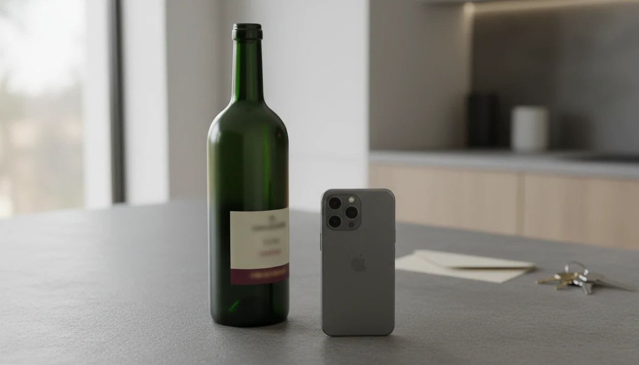 A wine bottle and smartphone on a clean counter suggest careful privacy before uploading a label photo.