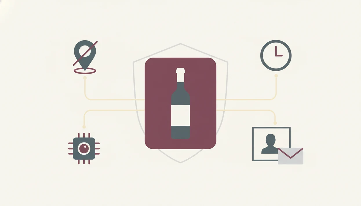A simple diagram shows metadata, location, timing, and background details around a wine label scan.