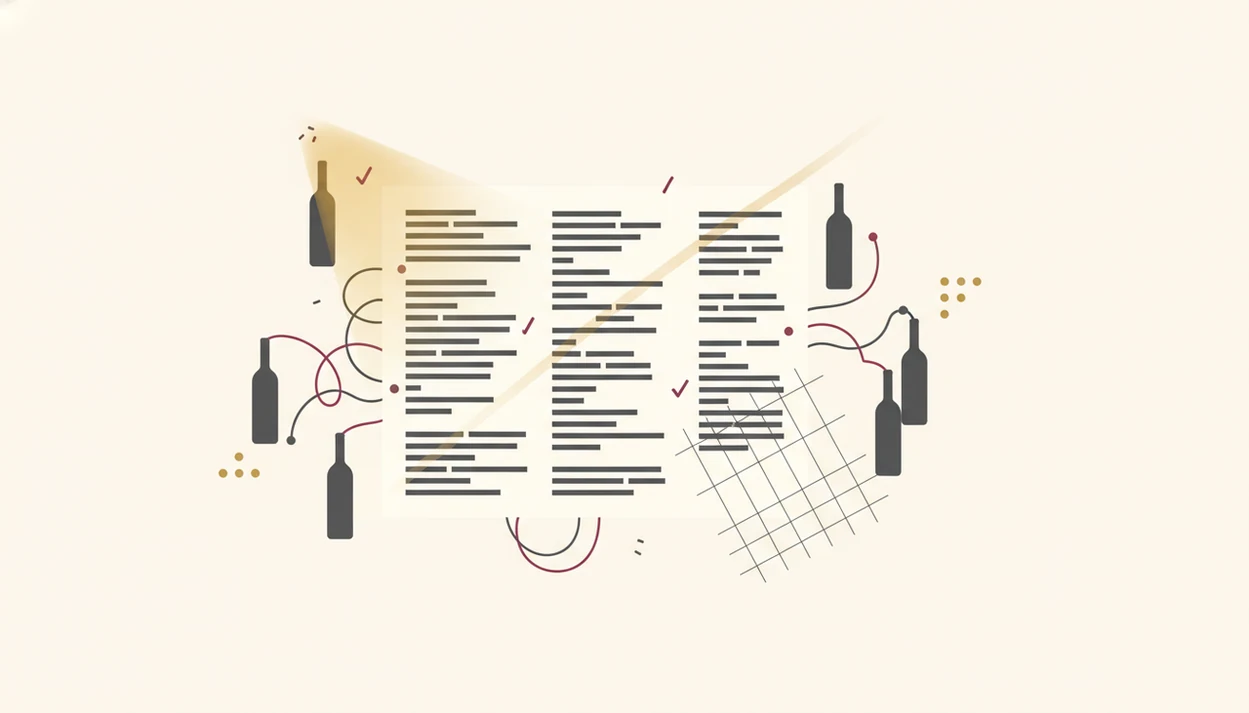 A clean diagram shows glare, layout drift, mixed marks, and bottle matching around a wine menu.