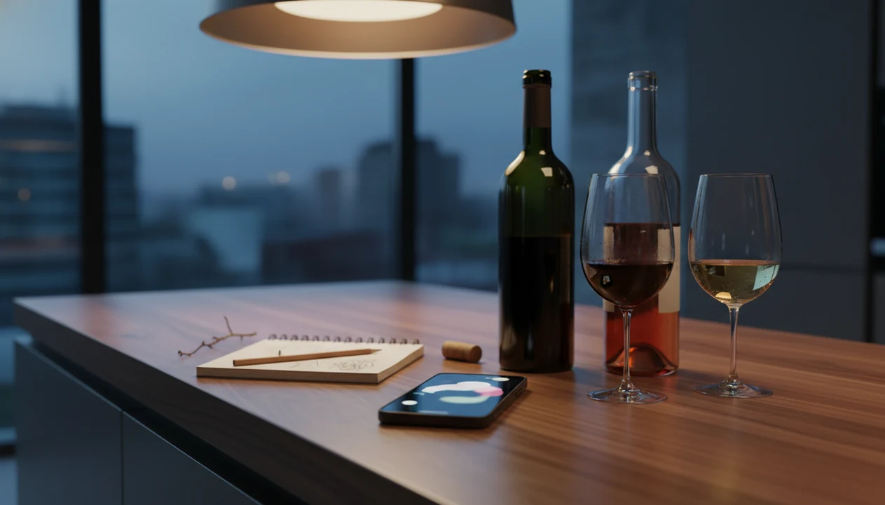 A smartphone, wine bottles, tasting glasses, and a notebook suggest building a personal wine taste profile.