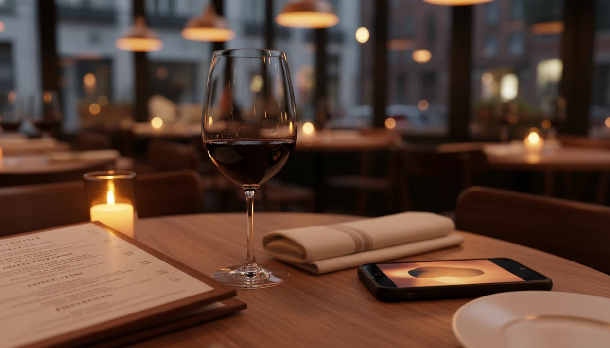 A smartphone scans a blurred restaurant wine menu beside a glass of red wine on a candlelit table.