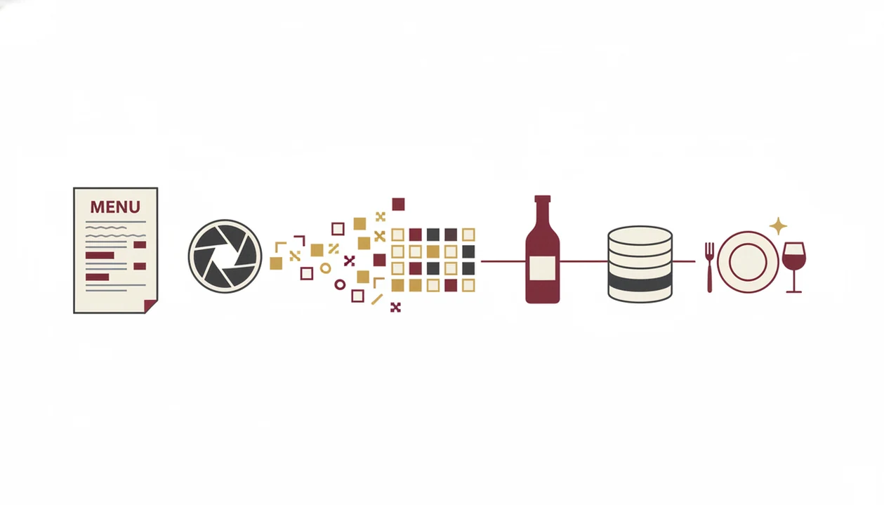 A simple diagram shows a wine menu photo becoming matched bottle data and pairing guidance.