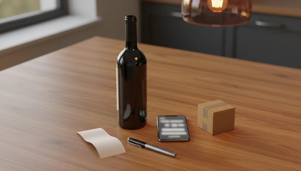 A wine bottle, phone, receipt, and delivery items arranged to suggest safe scanned-wine buying.