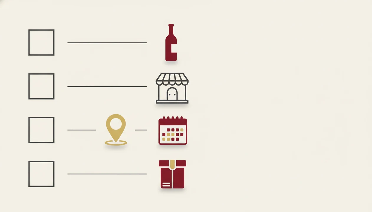 A wordless checklist illustration connects a scanned wine to retailer, shipping, vintage, and delivery checks.