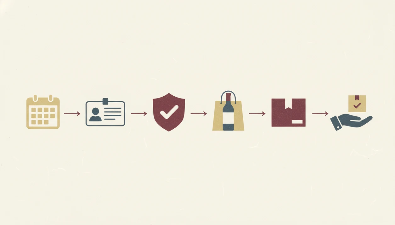 A simple icon flow shows age entry, ID verification, purchase gating, and adult-signature delivery.