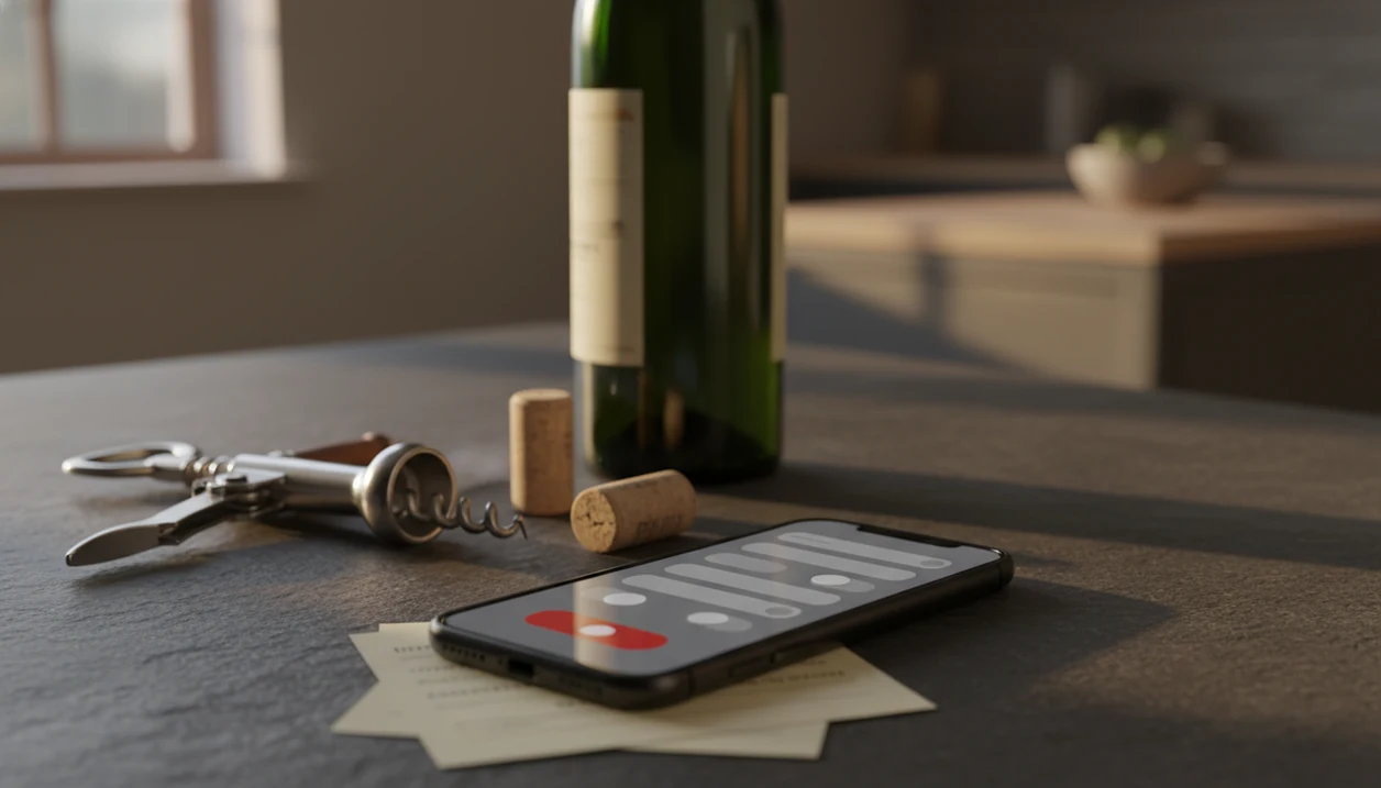 A phone with abstract privacy controls sits beside wine corks, notes, and an unlabeled bottle on a counter.