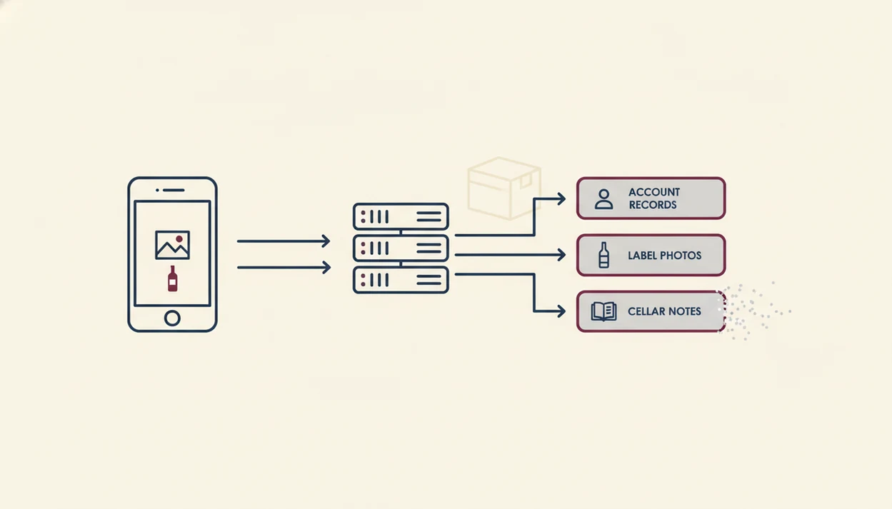 A simple diagram shows wine app data moving from a phone to servers, with records fading during deletion.