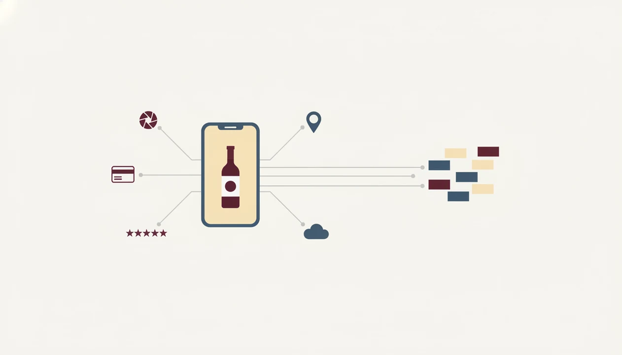 A clean diagram shows wine scan data flowing from a phone to location, payment, ratings, and cloud systems.